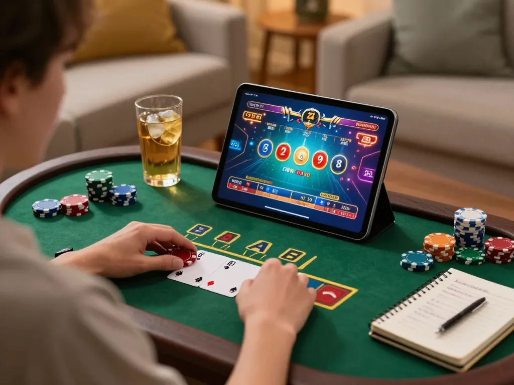 Engaging in a strategic blackjack game at home showcasing the sc88 casino experience with vibrant graphics