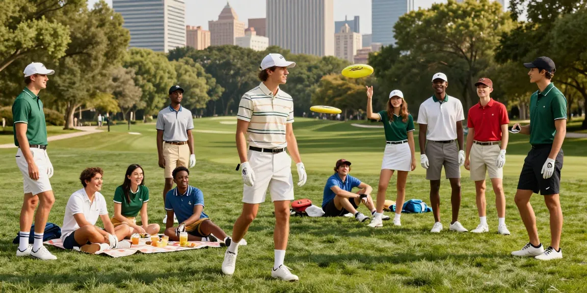 Trendy golfwear replicas showcased by friends in an urban park during a vibrant day.