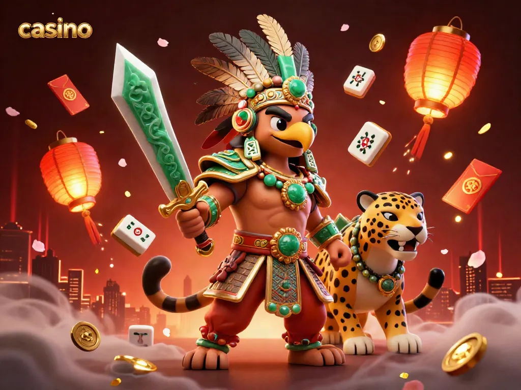 Interactive casino experience featuring Aztec-themed characters and vibrant Mahjong elements.