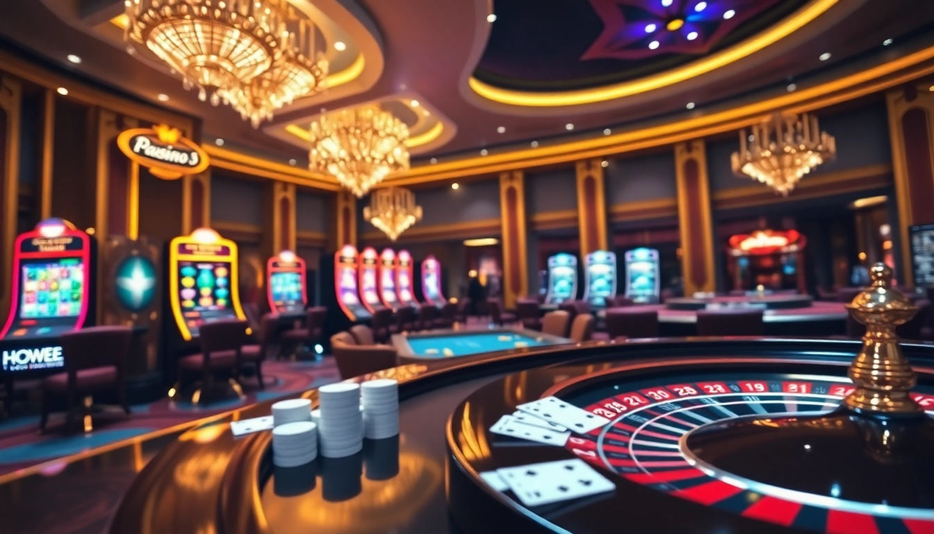 Cette représentation vibrante de casino en ligne argent réel met en avant une atmosphère de jeu luxueuse avec des tables de poker et des machines à sous.