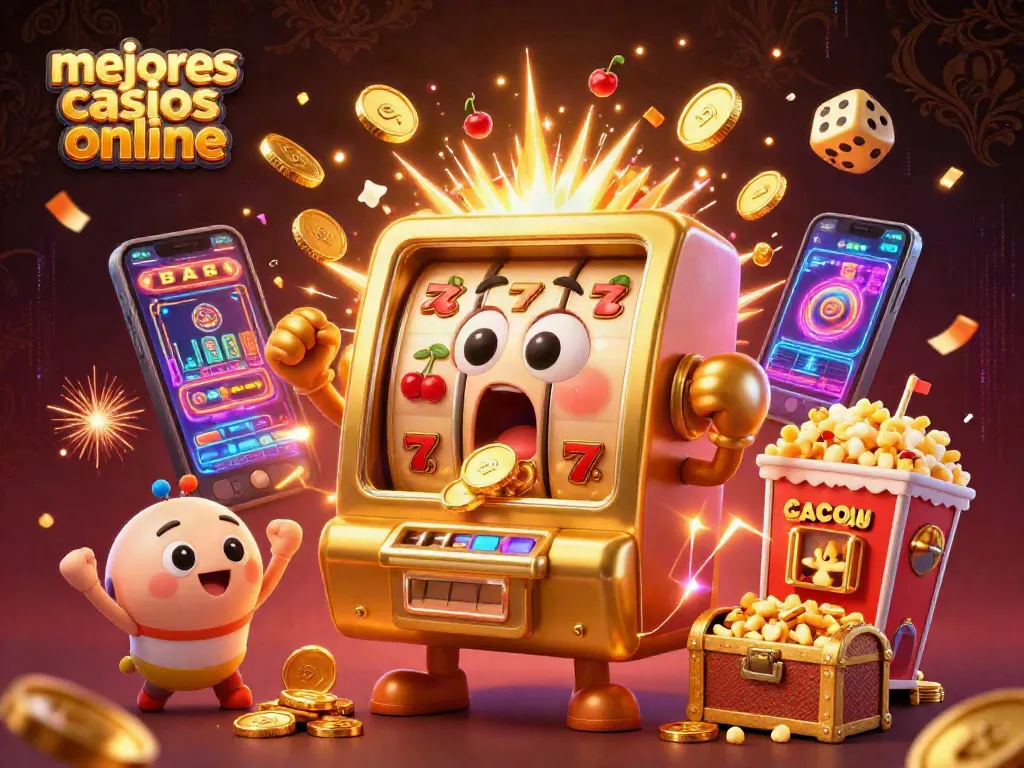 Mejores casinos online: tragamonedas celebrando un gran premio con monedas doradas y símbolos de juego.