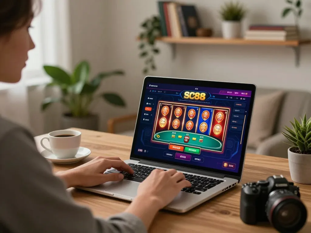 Player engaged in strategic gameplay on SC88 online casino platform in a cozy home office