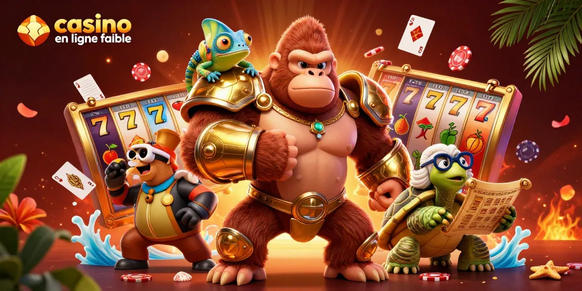 Découvrez l'univers des jeux avec un gorille en armure et des cartes de poker dans un casino en ligne fiable.