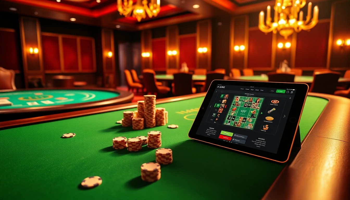 Participez à l'excitation du casino en ligne Français 2026 avec des tables luxueuses et des éléments de casino vibrants.