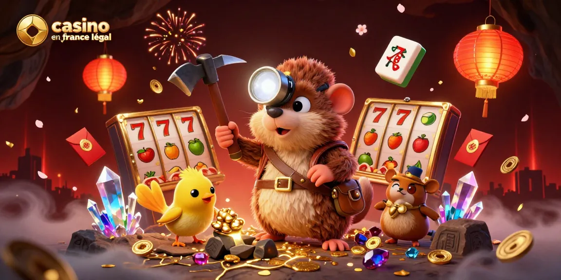 Illustration dynamique mettant en scène un mole chasseur de trésors et son canari dans un casino en ligne France légal