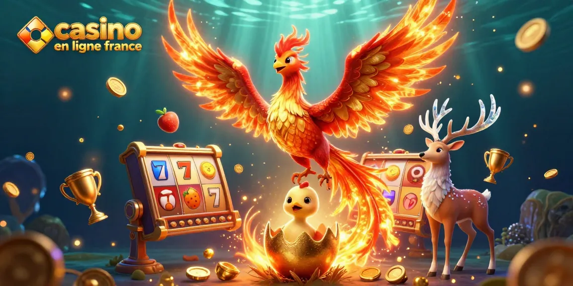 Jouez dans un casino en ligne France rempli de phoenix et symboles de jackpots en 3D.