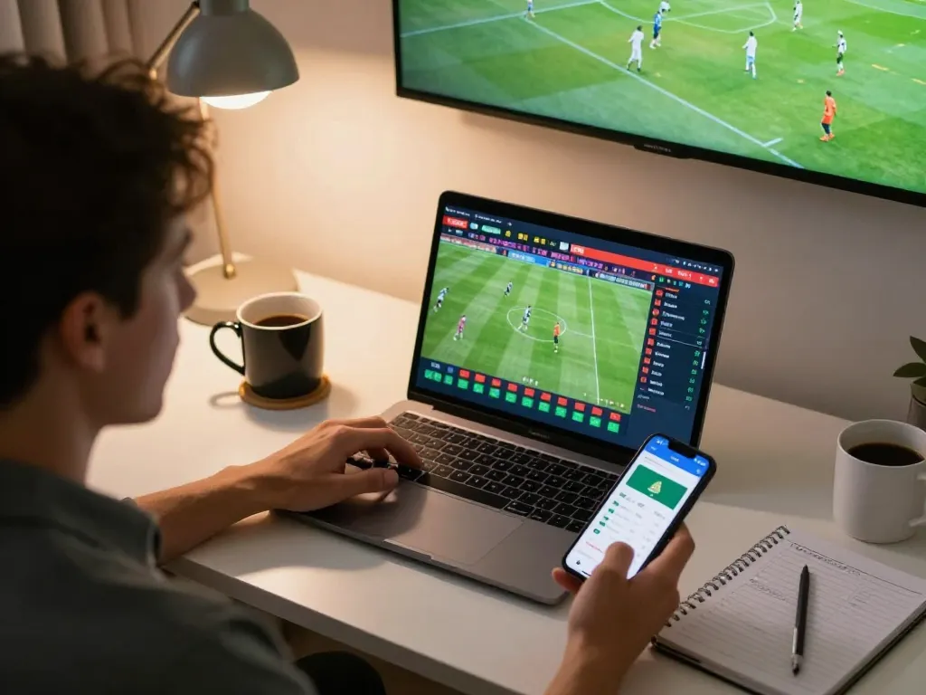 Betting on sports using cm88 bookmaker app in a cozy home setup with live match on TV.