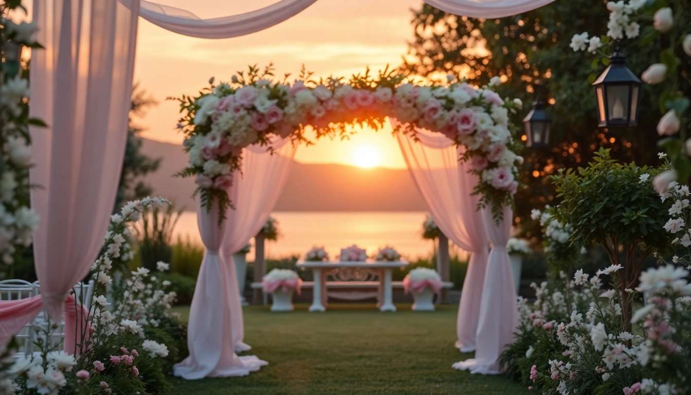 Weddings Venue with elegant decorations and floral arch in a beautiful garden setting.