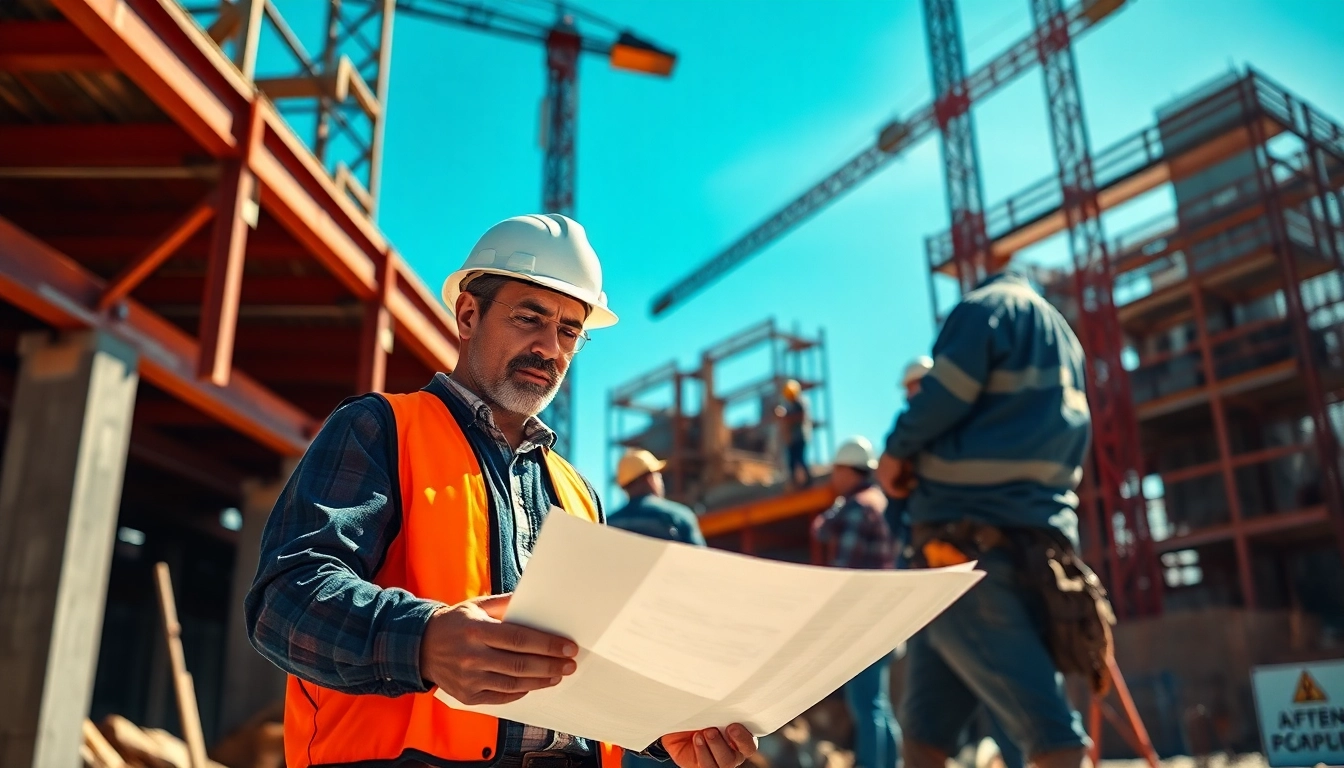 New York City General Contractor reviewing blueprints at an active construction site.
