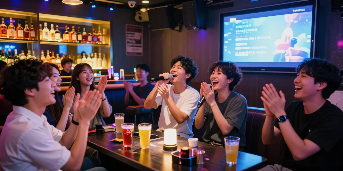 Friends enjoying 제주유흥 in a lively Jeju karaoke bar, vibrant atmosphere with singing, colorful lights.