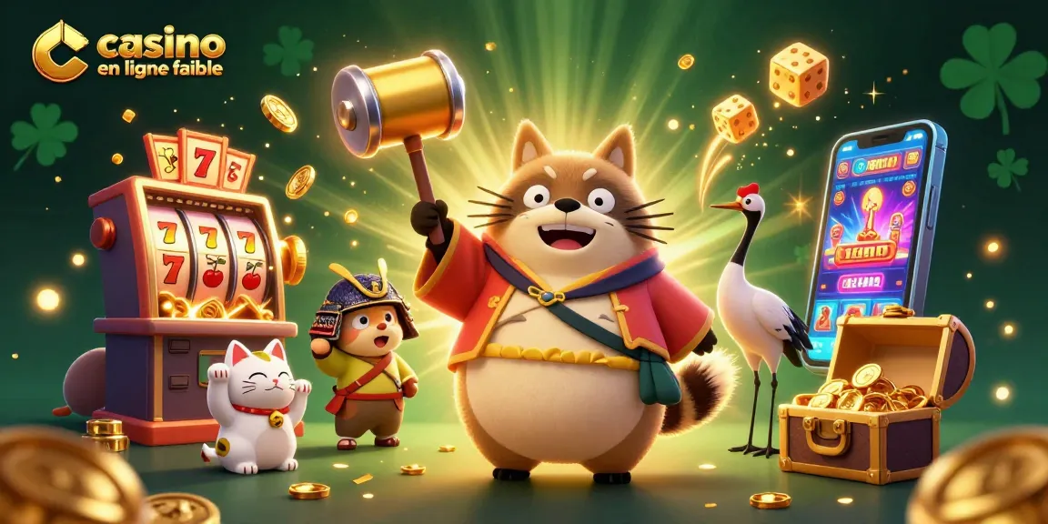 Illustration d'un tanuki et un héron sur un casino en ligne fiable, entouré de machines à sous et de jetons.