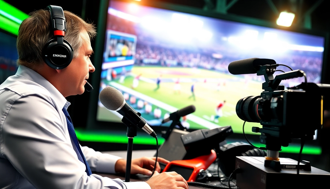Engaging sports broadcasting scene with commentator analyzing live game footage.