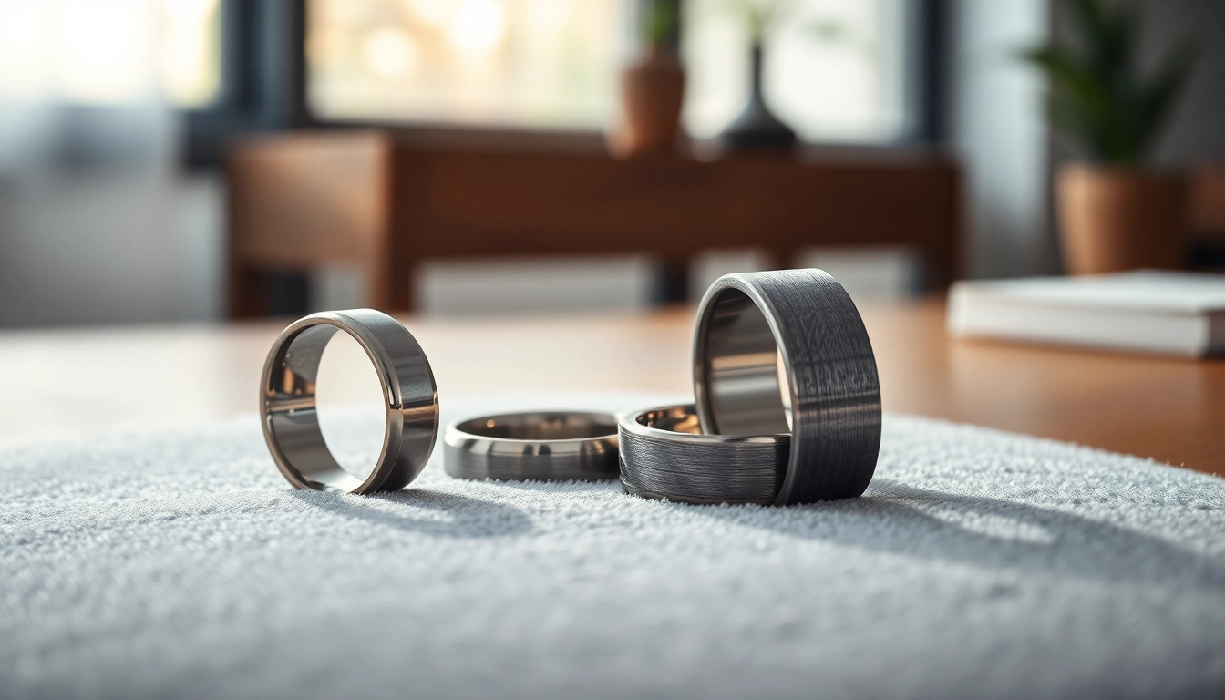 Showcasing Tungsten rings with unique textures and finishes in an elegant display.