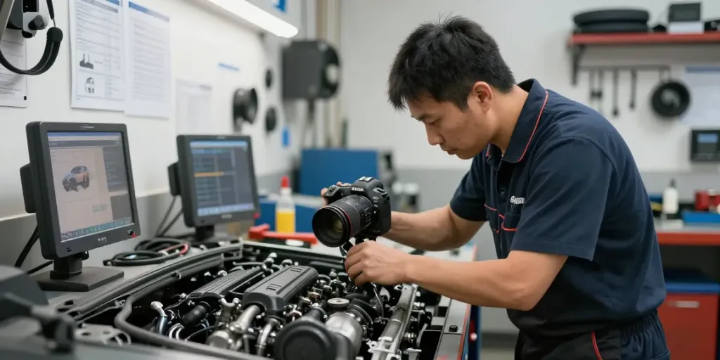 Professioneller Mechaniker in der BMW Werkstatt Hannover bei der Motorwartung.
