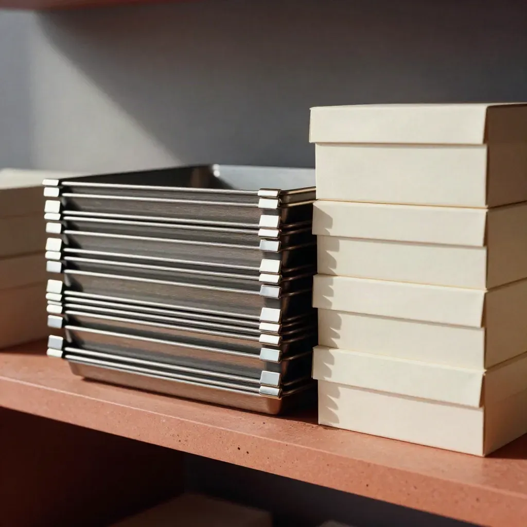 Archive trays and sealed boxes on terracotta plaster with nickel clips in soft daylight.