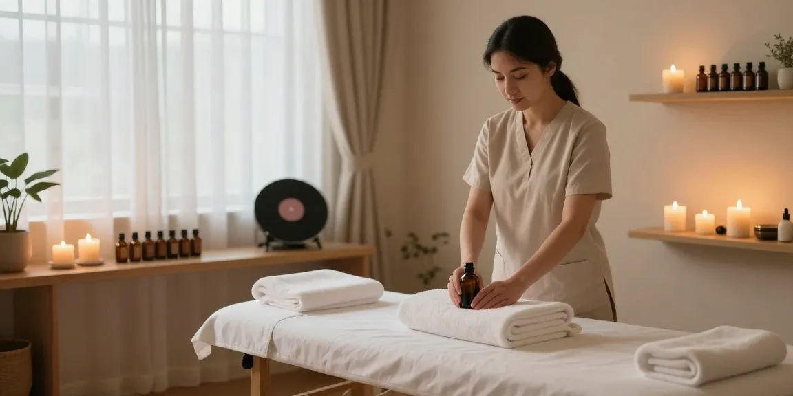 월곶출장마사지 마사지실에서 아로마오일과 타올을 준비하는 모습