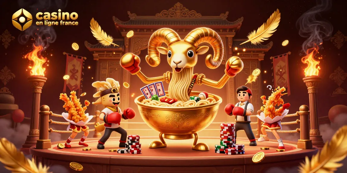 Casino en ligne France : illustration dynamique avec un ramen géant et des personnages de jeux de casino.