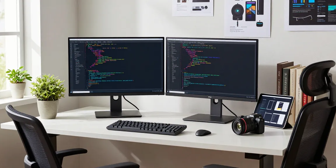 Professional workspace showcasing coding with Notepad++ on dual monitors at https://notepad-app.co/.