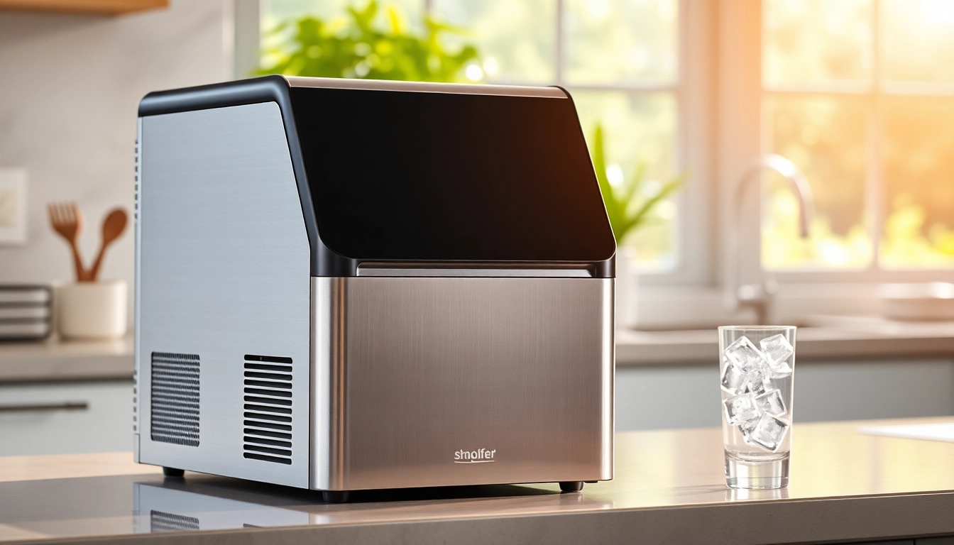 Showcasing an affordable ice maker in a bright kitchen setting with ice cubes ready to use.