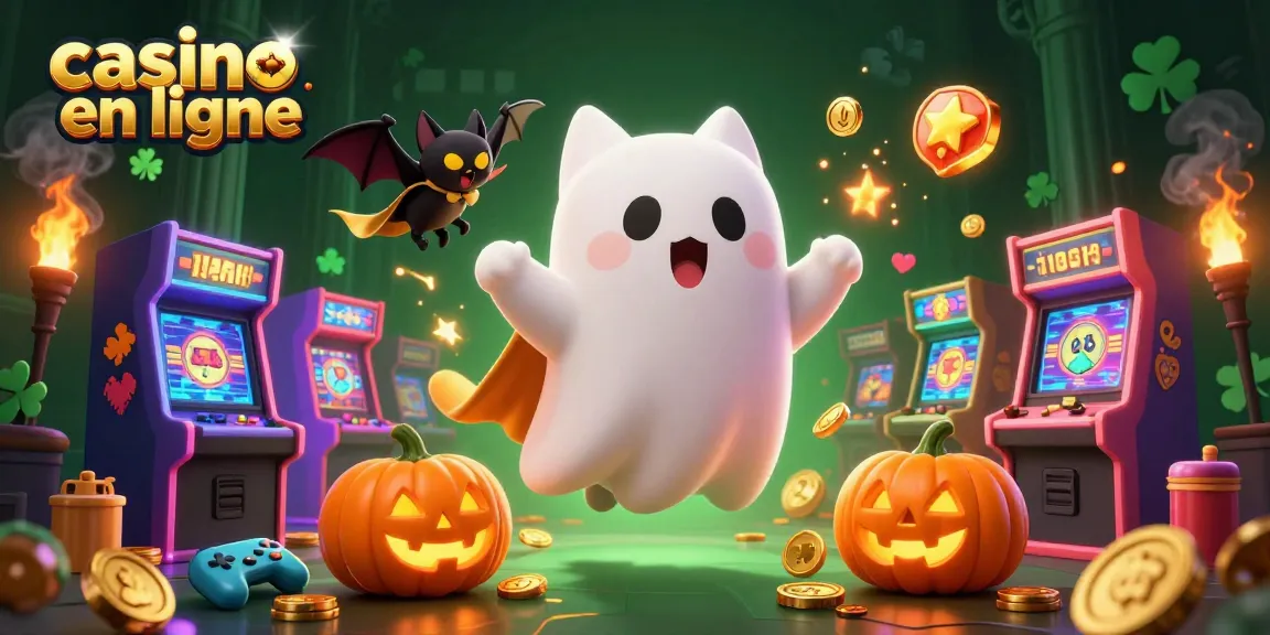 Jouez au casino en ligne avec un chat fantôme, une chauve-souris et des citrouilles autour de machines à sous.