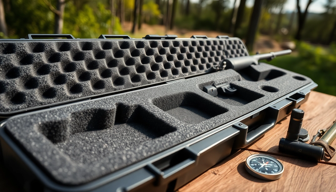 Showcasing foam for rifle case with precision cut-outs on a wooden table