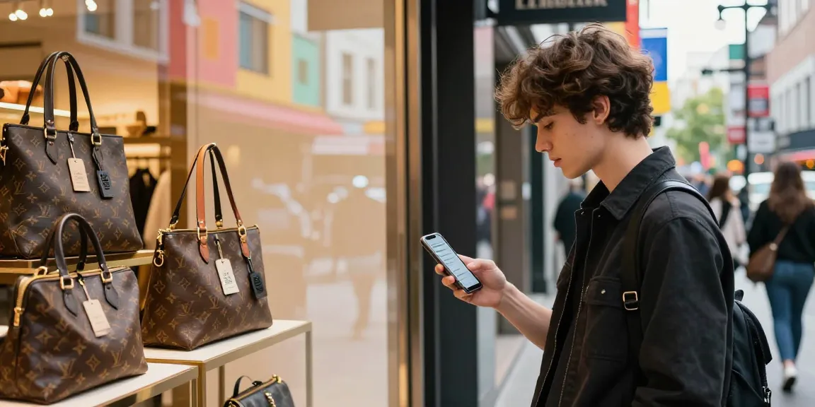 Young man browsing 레플리카 handbags in a vibrant urban shopping scene