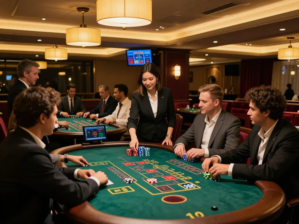 A dynamic live dealer gaming experience at AE888 with elegant blackjack table, engaged players, and friendly dealer interaction.