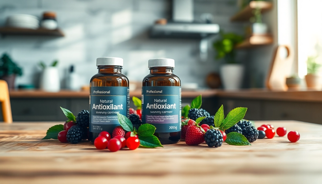 Showcase of a natural antioxidant supplement with fresh ingredients enriching its appeal.