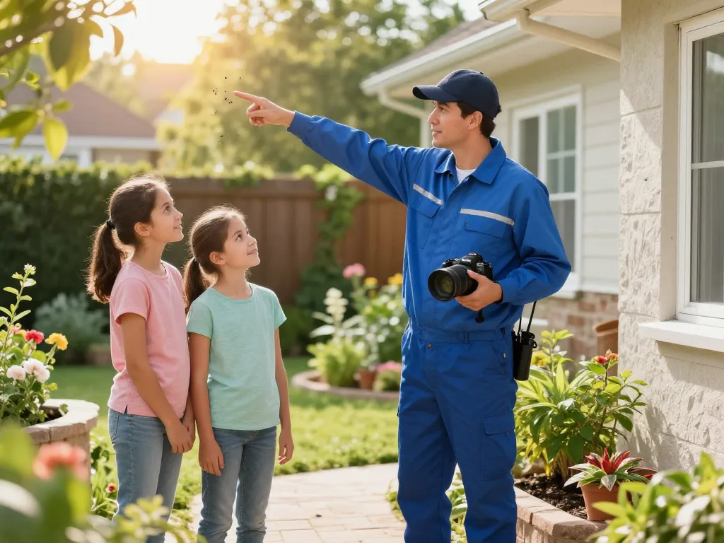 Pest control technician inspecting a residential garden, providing expert advice to a family while ensuring a pest-free environment.