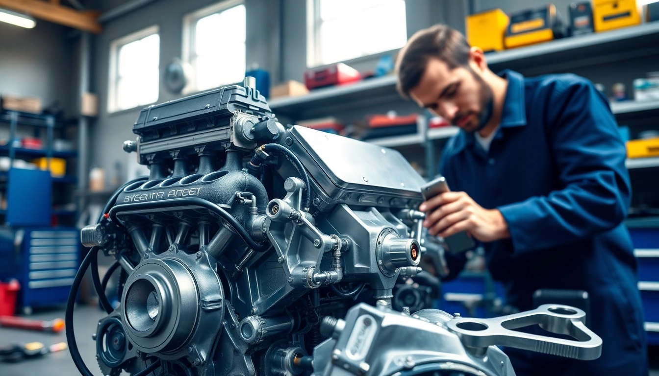 Approved Engines mechanic repairing a high-performance engine in a bright workshop setting.