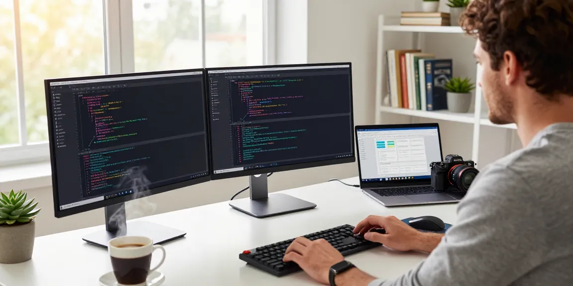Developer using Notepad++ in a bright tech workspace with dual monitors.