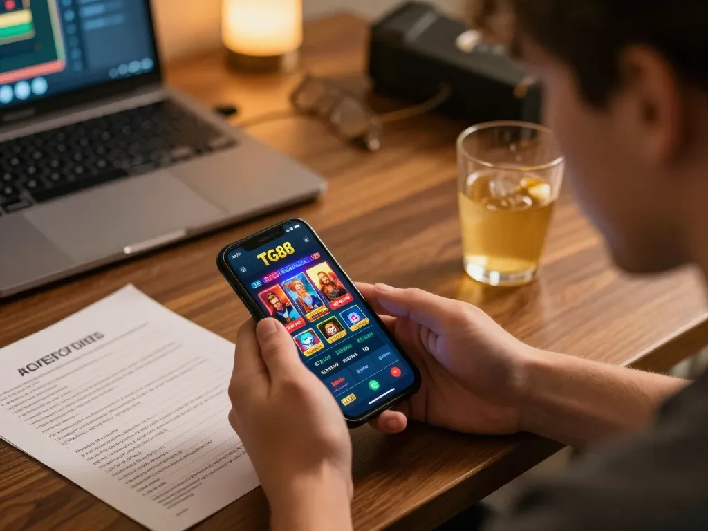 Engaging gameplay on the TG88 casino app, showcasing smartphone and strategy notes in a cozy home setting.