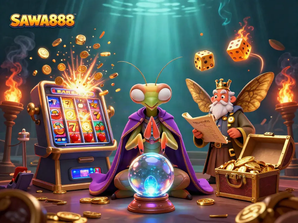 Spin and win big at SAWA888 with vibrant 3D illustration showcasing thrilling casino elements.