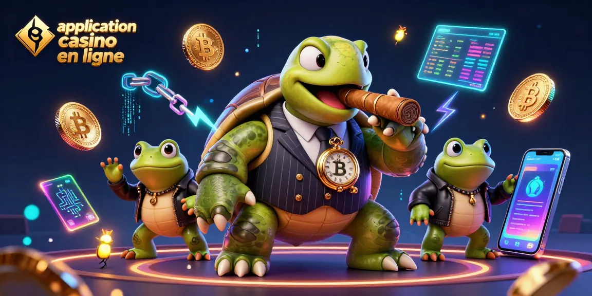 Application casino en ligne : Une illustration de casino animée avec une tortue et des grenouilles en jeu.