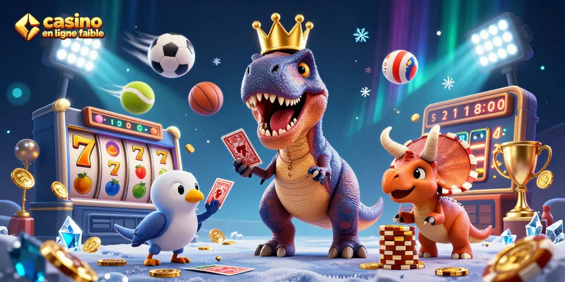 Gagnez avec casino en ligne fiable : T-Rex jouant aux cartes et triceratops empilant des jetons d'or.