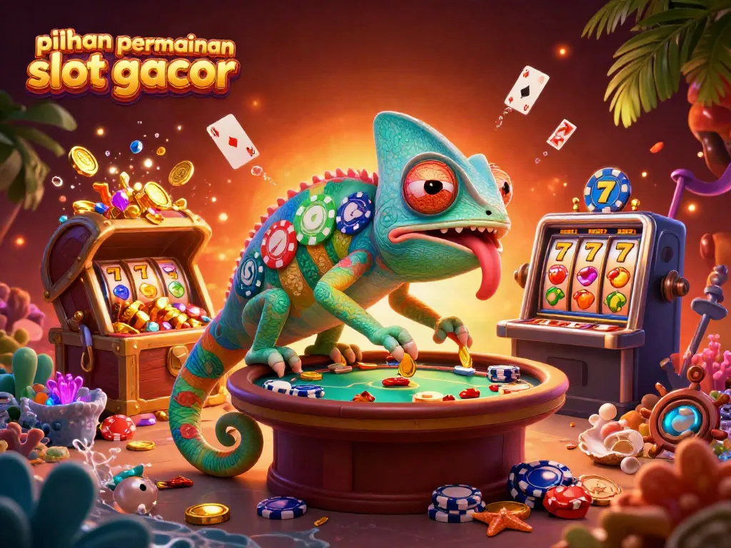 Menampilkan pilihan permainan slot gacor dengan karakter chameleon kasir kasino yang unik dan elemen permainan yang dinamis.
