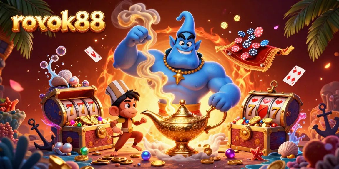 Engage in thrilling action at rokok88 with a rich 3D scene showcasing a genie, a monkey, and poker chips.