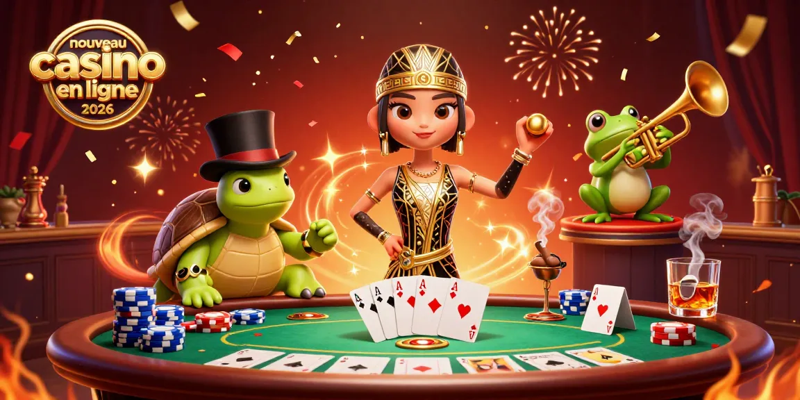 Une illustration dynamique de crâne, tortue et grenouille au bar, représentant le nouveau casino en ligne 2026.