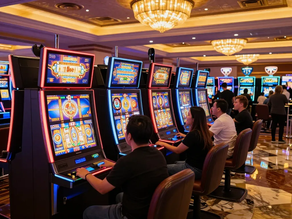 Experience thrilling gameplay at link slot kamboja with vibrant slot machines and excited players celebrating wins