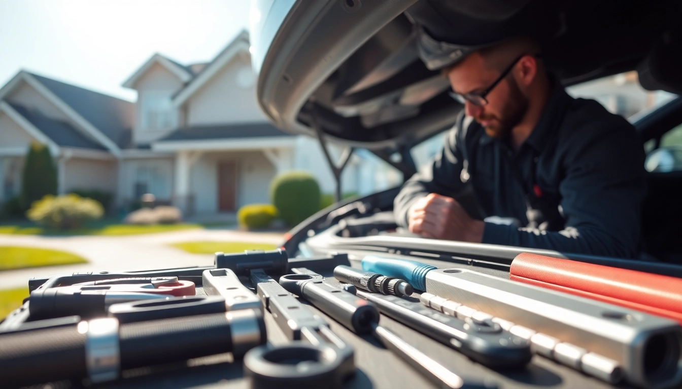 Mobile car repair technician servicing a vehicle in a driveway, showcasing expert skills and tools.