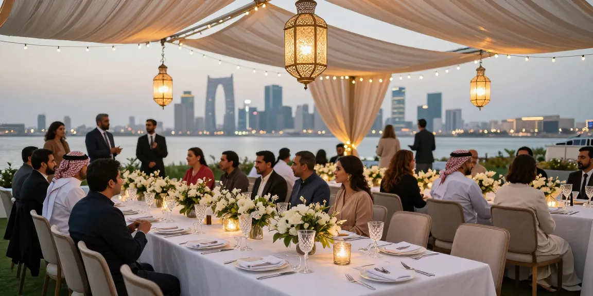 Event rentals decorated elegantly for a premium outdoor gathering in Saudi Arabia, featuring beautiful dining setups and skyline views.