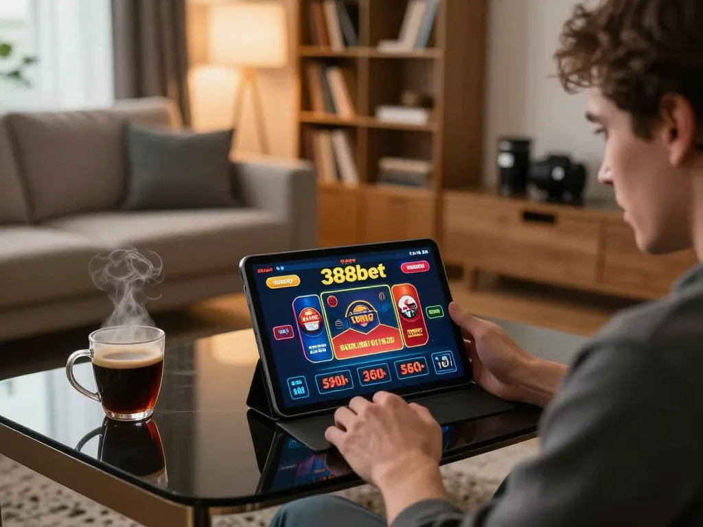 Engaging player using tablet for online gambling at 388bet in cozy home setting