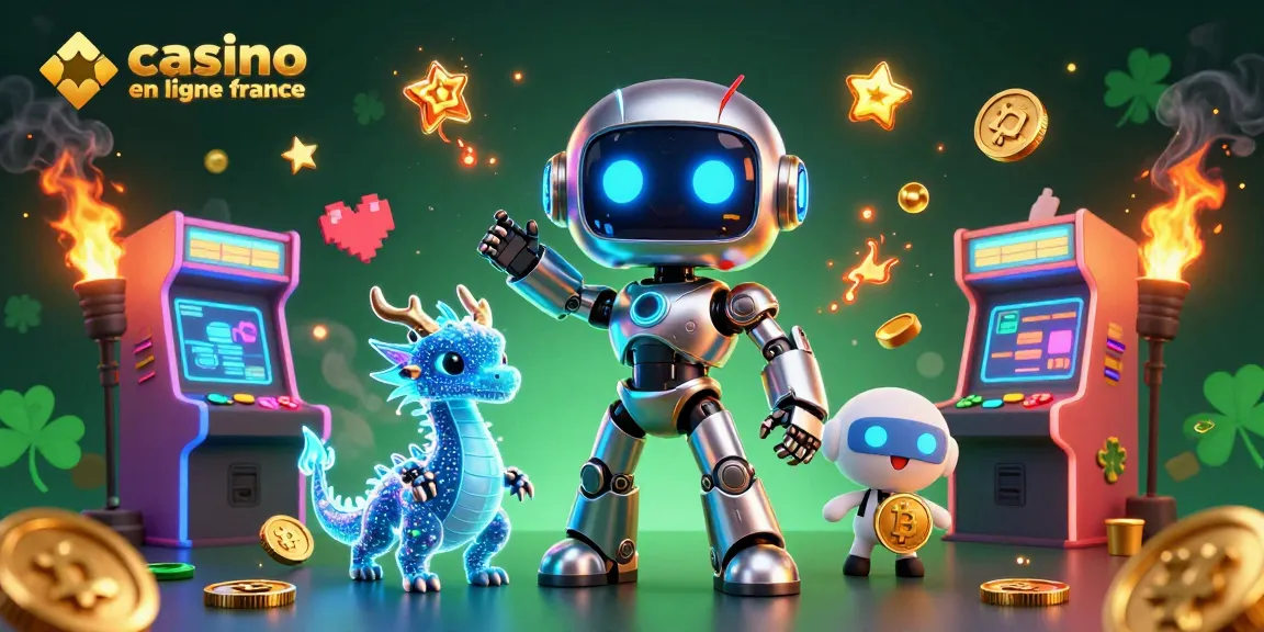 Illustration 3D représentant un robot cyberpunk avec un dragon IA, promouvant le casino en ligne france