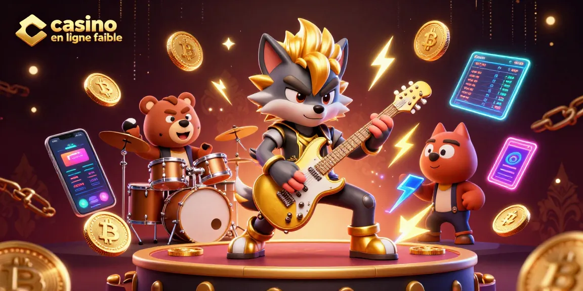 Plongez dans l'univers premium d'un casino en ligne fiable avec un loup rock star aux côtés d'un ours batteur, illustrant l'adrénaline des jeux.