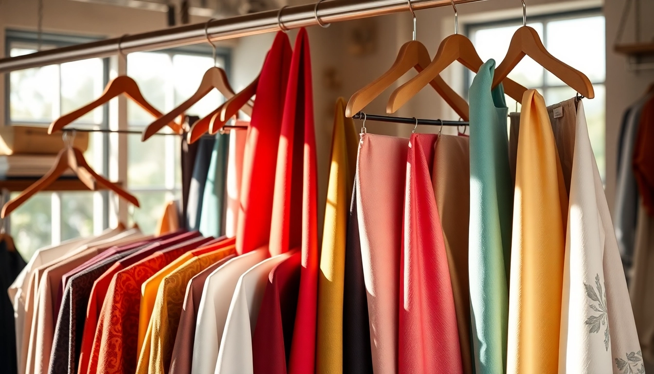 Bekijk stoffen online in een stijlvolle showroom met kleurrijke luxe materialen.