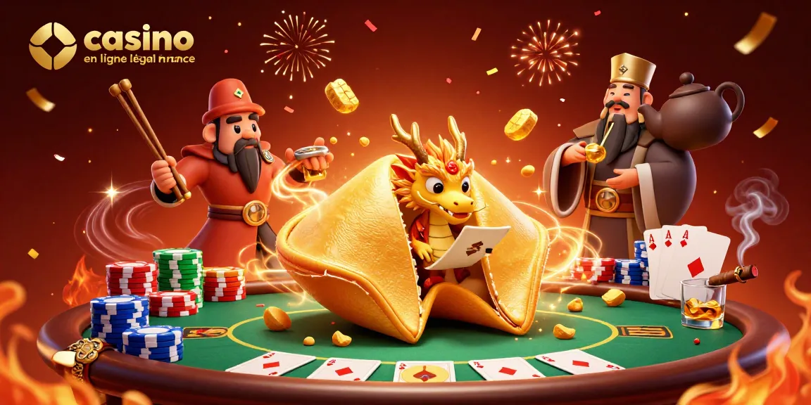Jouez au casino en ligne légal en France avec une illustration dynamique. Fortune cookie doré, dragon sage, et guerriers des baguettes.