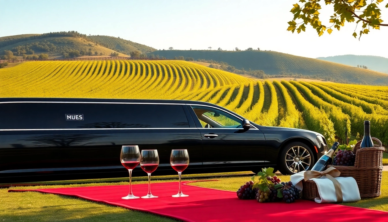 Experience luxurious limo wine tasting tours with a stunning vineyard backdrop and elegant car details.