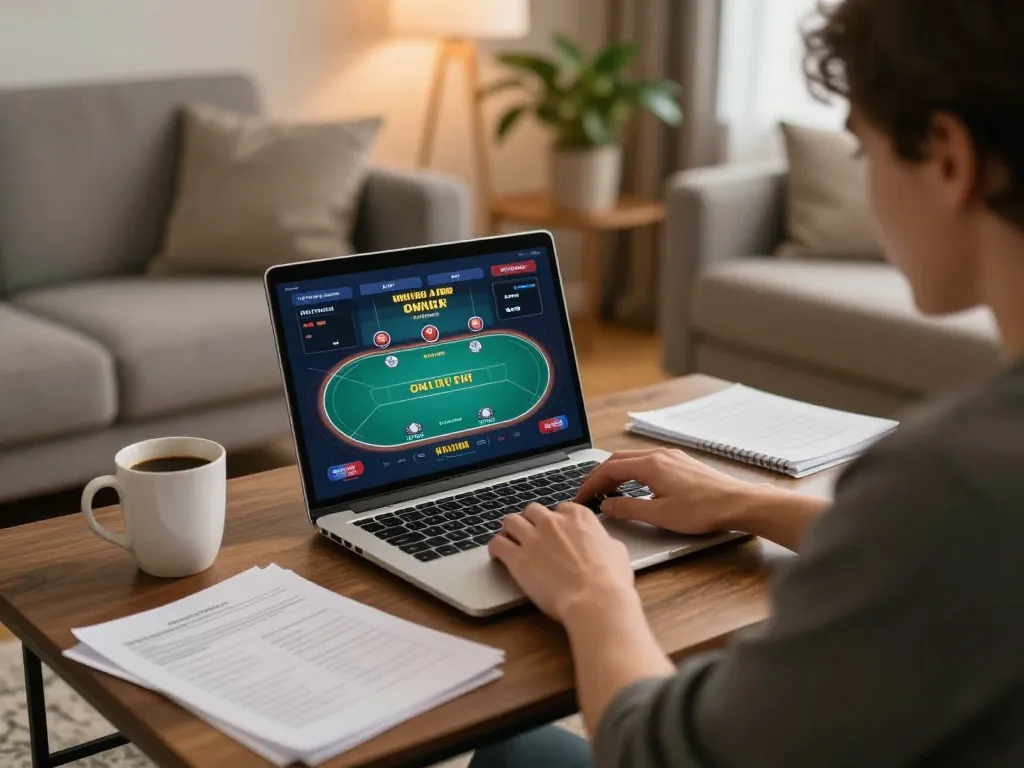 Player enjoying a poker game on 888top in a cozy home setting, strategizing with notes.