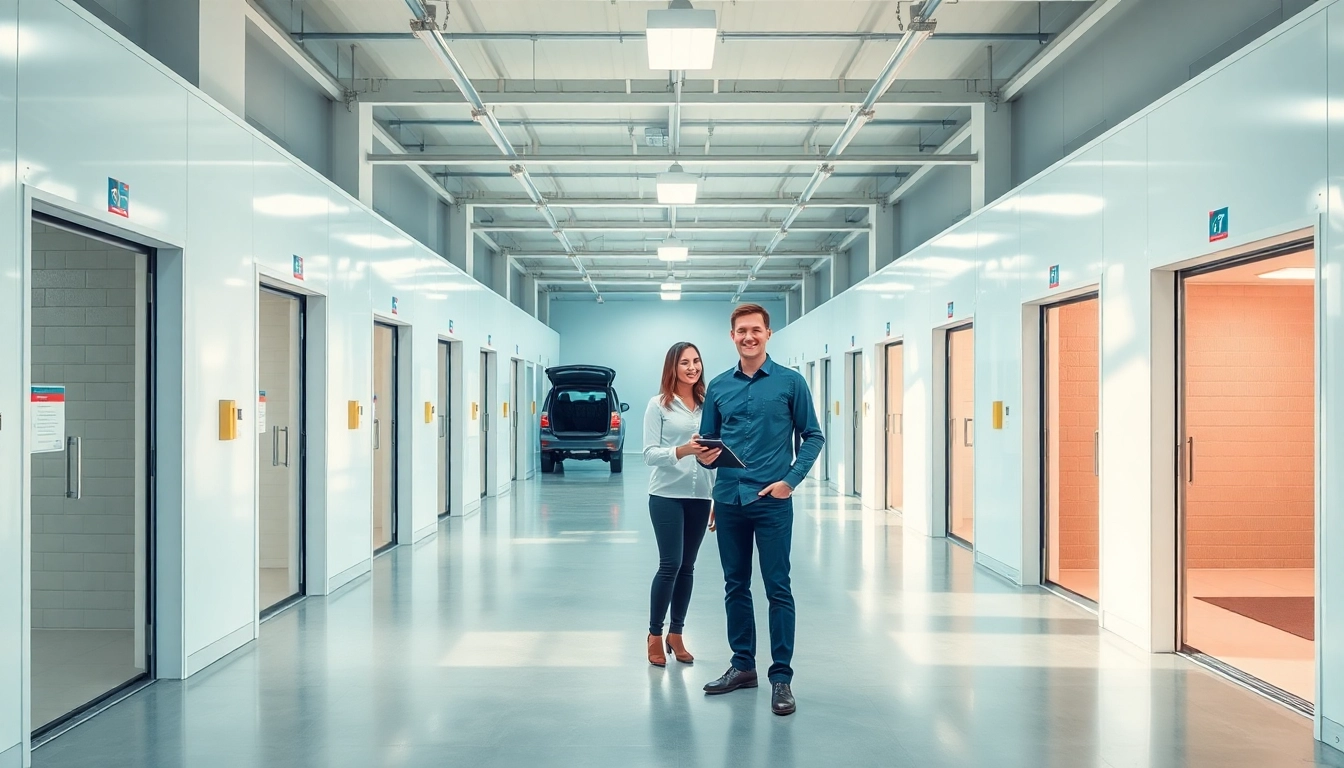 View of self storage units in a modern facility with warm lighting and organized interiors.
