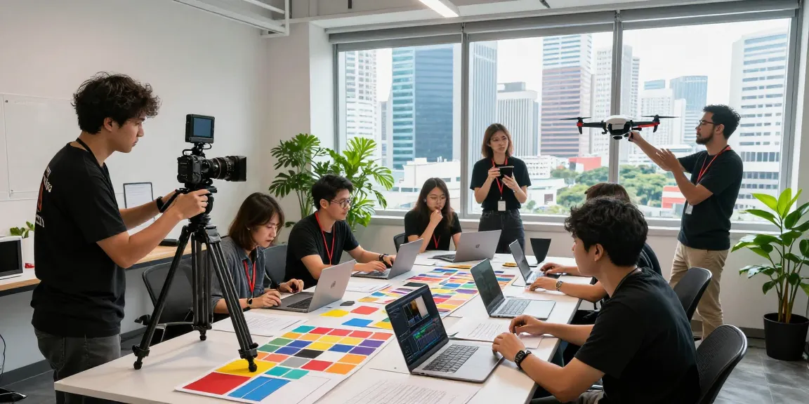 Dreambox Studio Sg team collaborating on video production in vibrant studio atmosphere